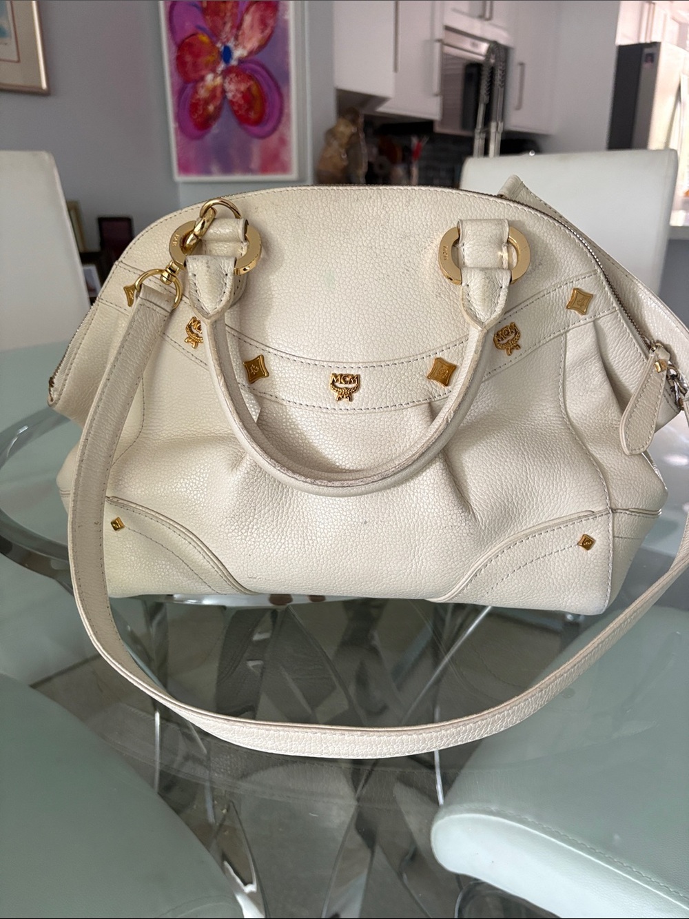 MCM Cream Leather Satchel Handbag with Gold Hardware